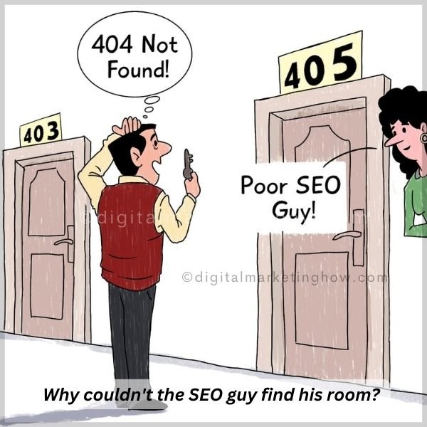 digital marketing cartoon, SEO joke - 404 error not found